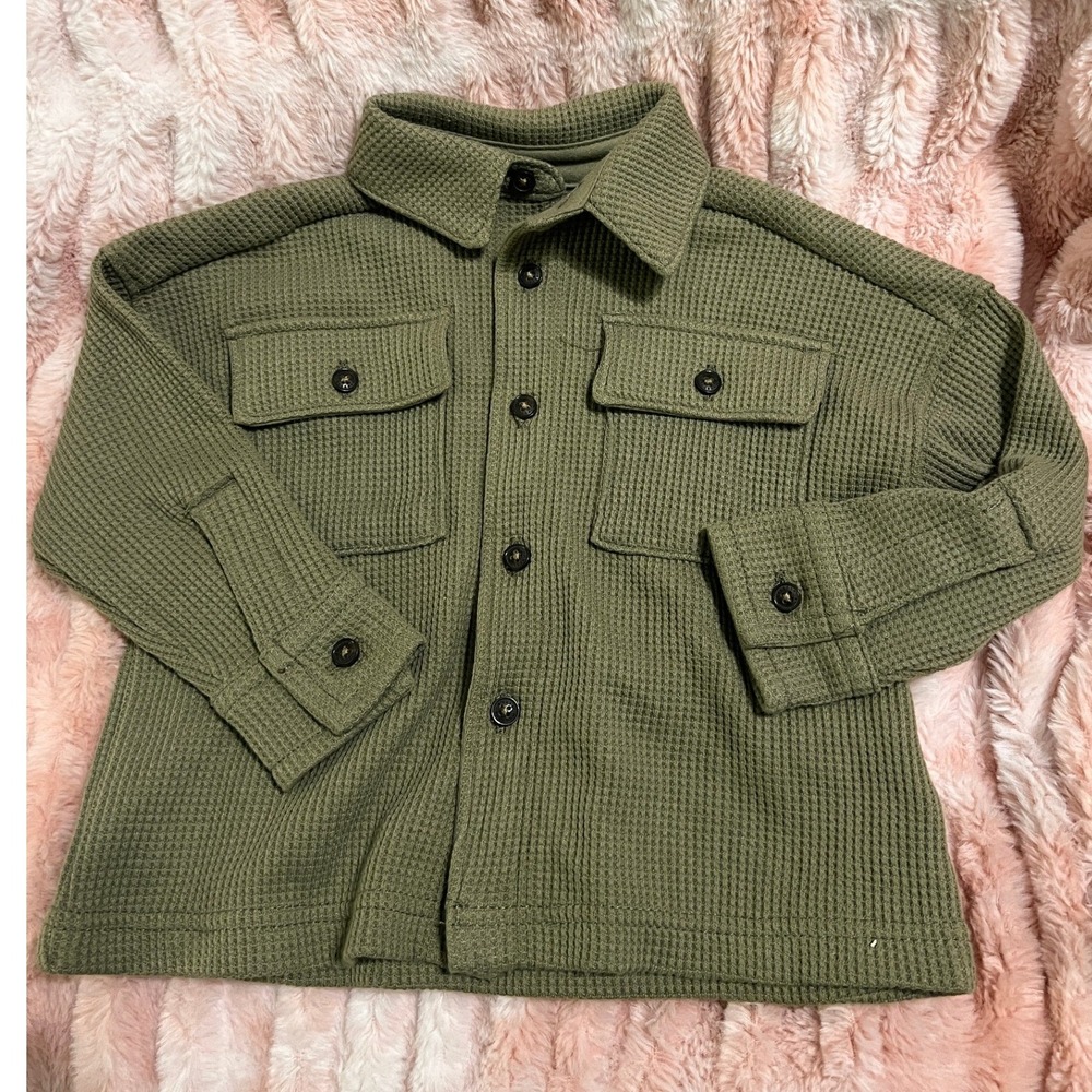 OshKosh B'gosh Waffle Knit Shacket Kids 12m Olive Green Button Front Jacket